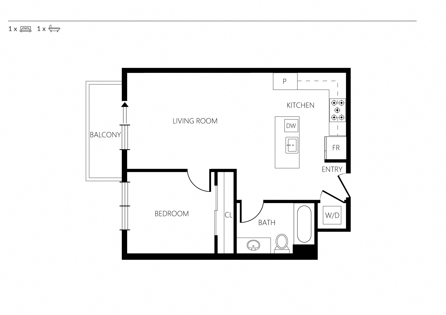 Floor plan for 1 bed, 1 bath, 649 sqft